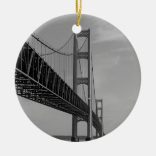 Along Mackinac Bridge Grayscale Ceramic Tree Decoration