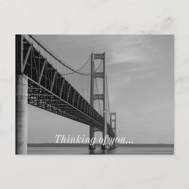 Along Mackinac Bridge Grayscale Postcard (Front)