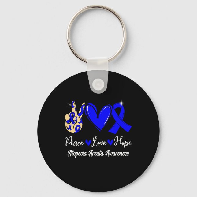 Alopecia Areata Awareness Peace Love Hope Blue Rib Key Ring (Front)