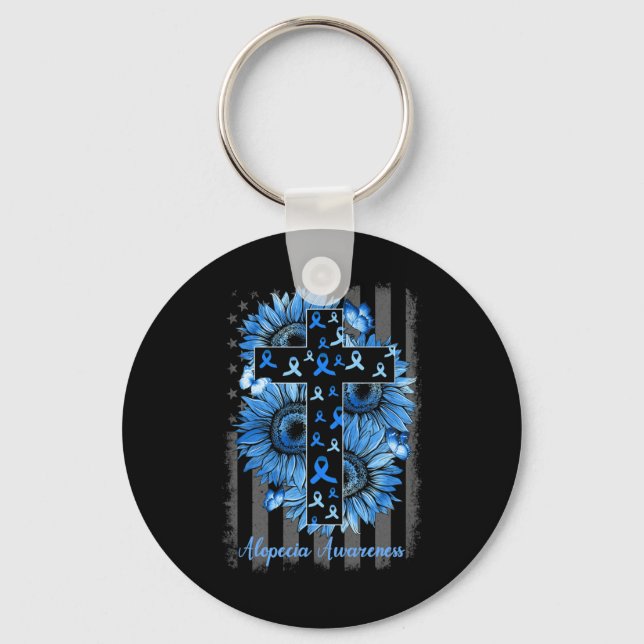 Alopecia Awareness Sunflower American Flag  Key Ring (Front)