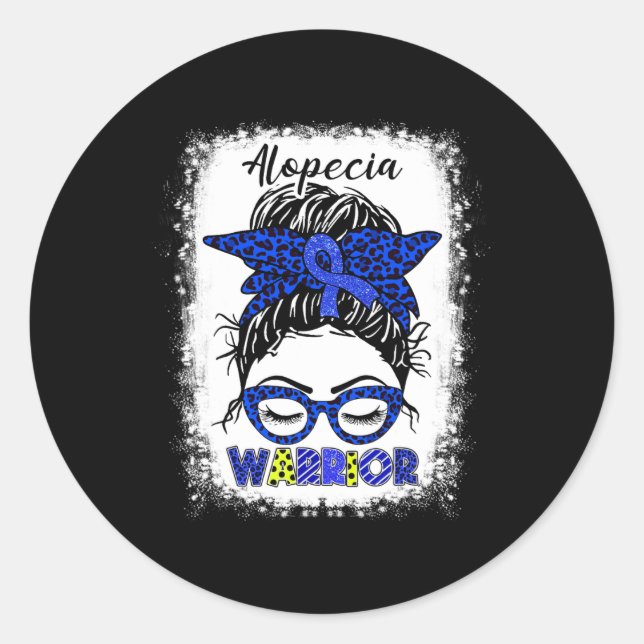 Alopecia Warrior Messy Bun Blue Ribbon Alopecia Aw Classic Round Sticker (Front)