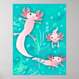 Alotta Pink Axolotls on Teal Poster