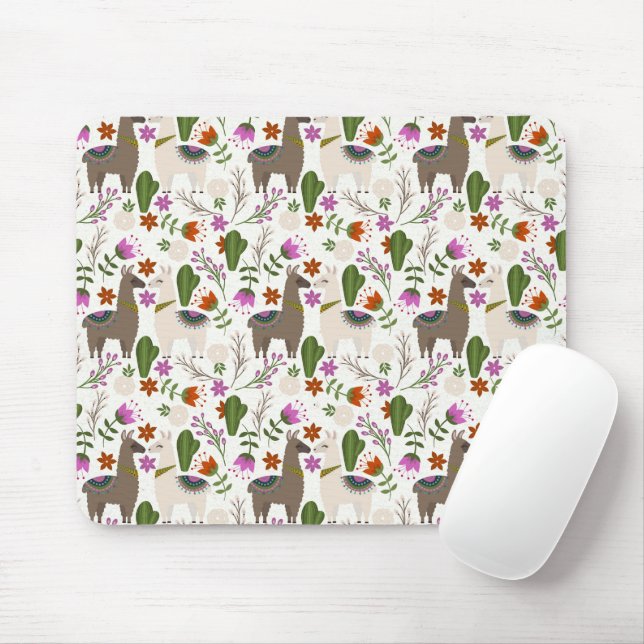 Alpaca Cactus Floral Pattern Animal Lover Mouse Pad (With Mouse)