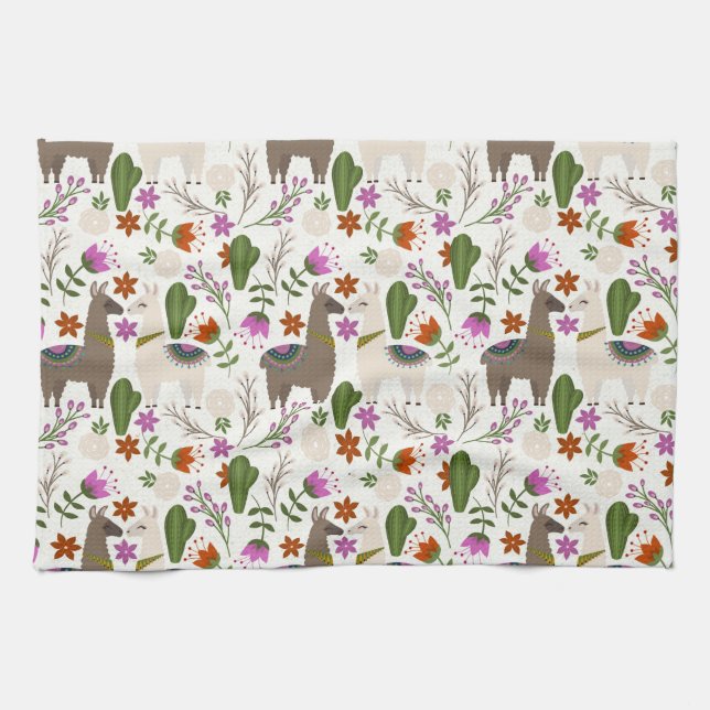 Alpaca Cactus Floral Pattern Animal Lover Tea Towel (Horizontal)