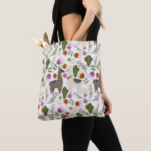Alpaca Cactus Floral Pattern Animal Lover Tote Bag