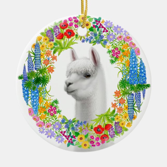 Alpaca in Floral Wreath Christmas Ornament (Front)