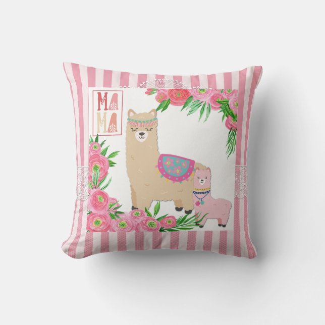 Alpaca Mama & Baby Pink Green Floral Pink Stripes Cushion (Front)