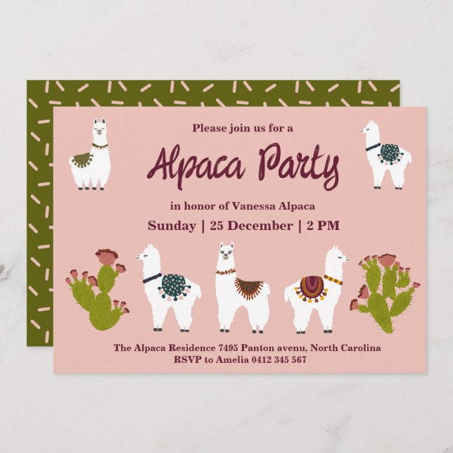 Alpaca Party Cactus Pink Birthday  Invitation (Front/Back)
