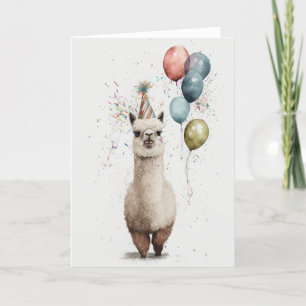Alpaca Party Hat and Balloons Folded Greeting Card