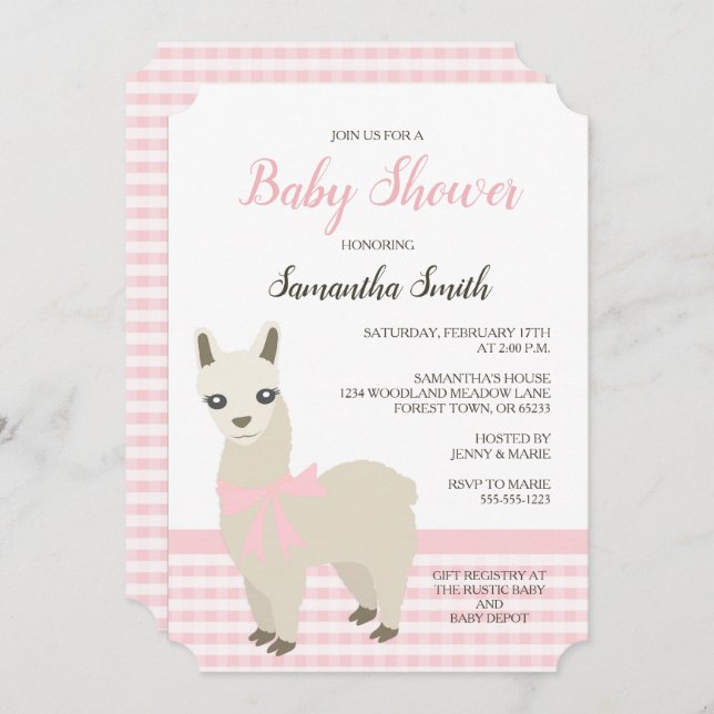 Alpaca Pink Baby Shower Invitation (Front/Back)