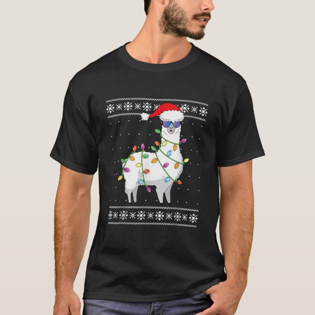 Alpaca Santa Lights Christmas Funny Ugly Christmas T-Shirt (Front)