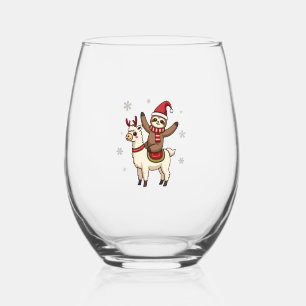 Alpaca Sloth Christmas (1) Stemless Wine Glass