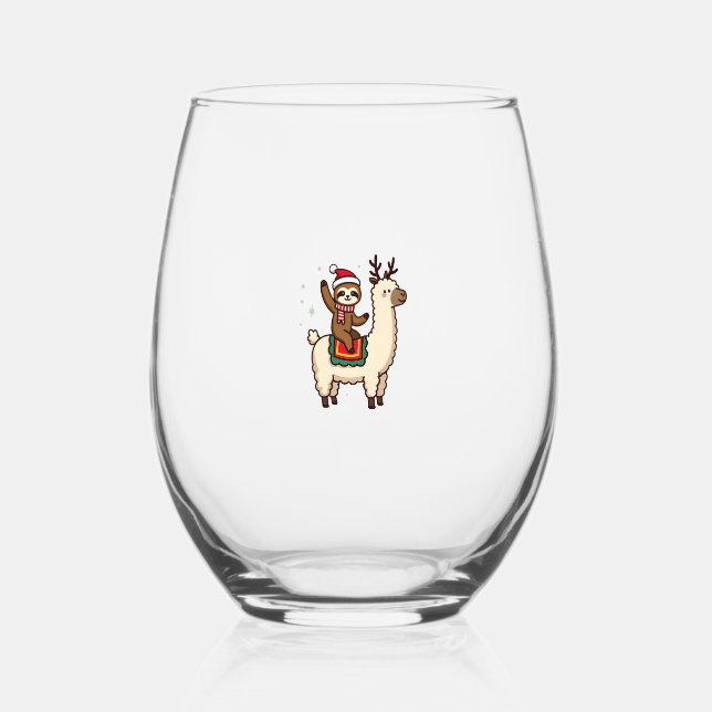 Alpaca Sloth Christmas (2) Stemless Wine Glass (Front)