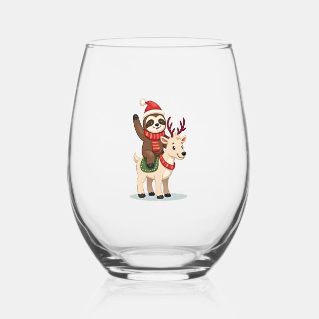 Alpaca Sloth Christmas (2) Stemless Wine Glass (Front)