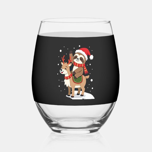 Alpaca Sloth Christmas (2) Stemless Wine Glass (Front)