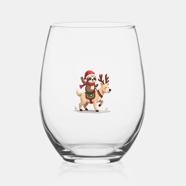 Alpaca Sloth Christmas (3) Stemless Wine Glass (Front)