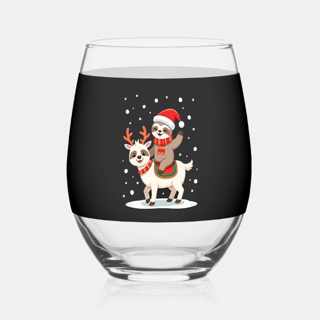 Alpaca Sloth Christmas (4) Stemless Wine Glass (Front)