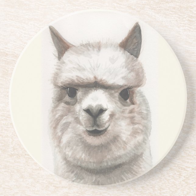 Alpaca Smiles Sandstone Natural Coaster Watercolor (Front)