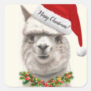 Alpaca Smiles Santa Christmas Hat Original Art Square Sticker
