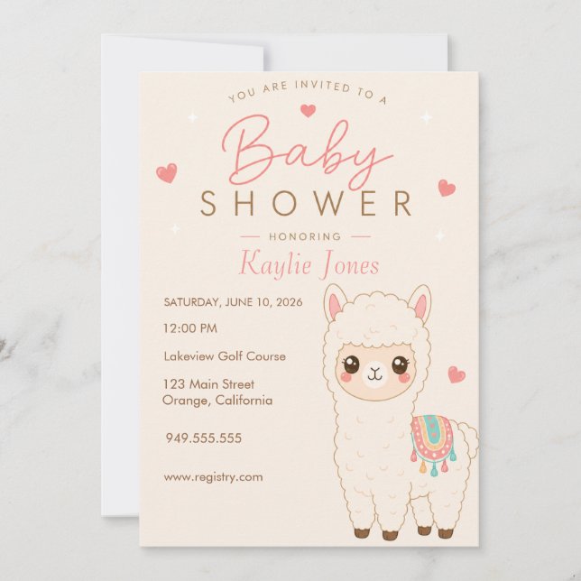 Alpaca Theme Baby Shower Invitation (Front)
