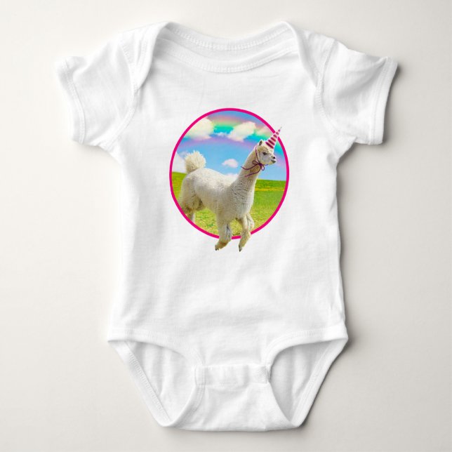 Alpaca Unicorn Under Rainbow Sky Baby Bodysuit (Front)