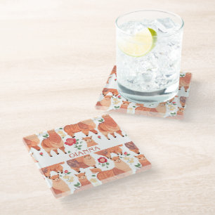 Alpaca Watercolor Colourful Personalised Pattern Glass Coaster