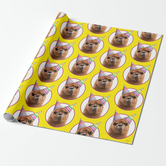 Alpaca Wearing Party Hats Wrapping Paper (Unrolled)