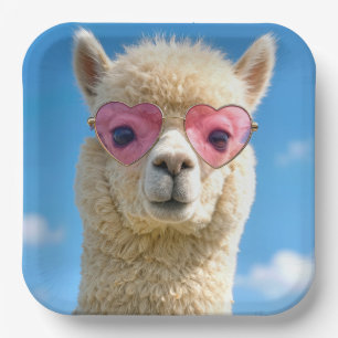 Alpaca Wearing Pink Heart-shaped Glasses Paper Plate