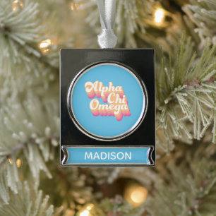 Alpha Chi Omega   Groovy Script Silver Plated Banner Ornament