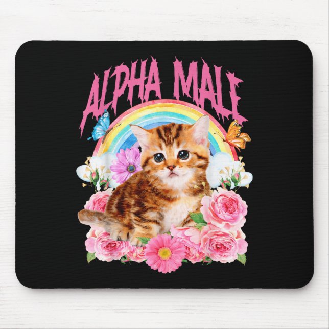 Alpha Male Funny Cat Kitten Rainbow Floral Mouse Pad (Front)