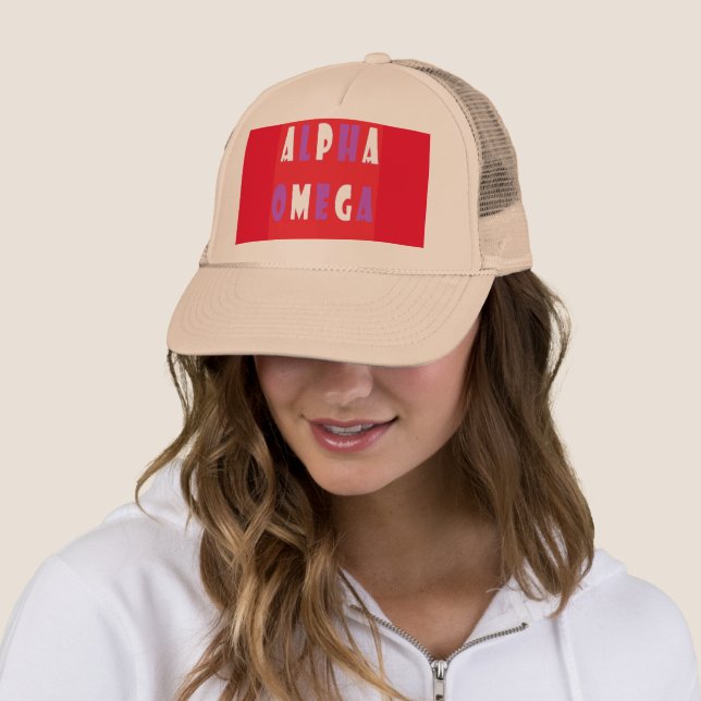 Alpha Omega red white purple big text Trucker Hat (In Situ)