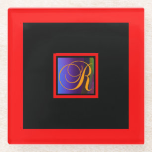 ALPHABET INITIAL R MONOGRAM GLASS COASTER
