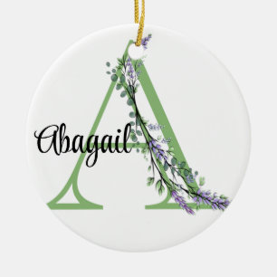 Alphabet letter A, watercolor Lavender Eucalyptus  Ceramic Tree Decoration