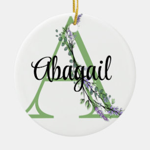 Alphabet letter A, watercolor Lavender Eucalyptus  Ceramic Tree Decoration