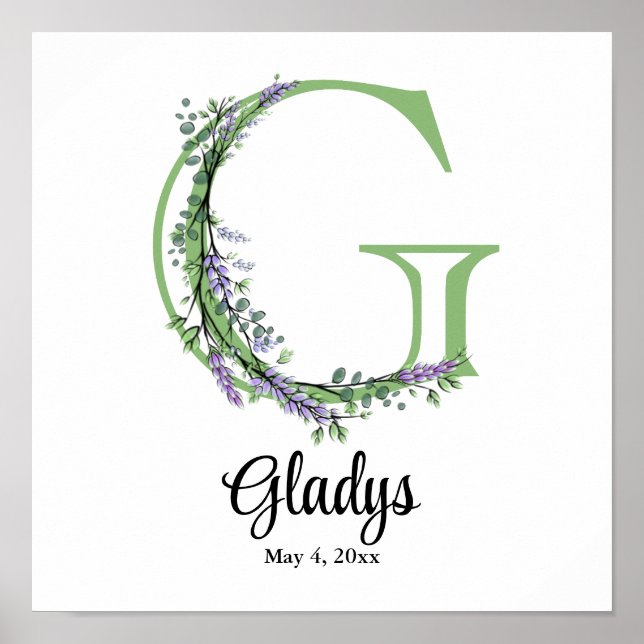 Alphabet letter G watercolor Lavender Eucalyptus  Poster (Front)