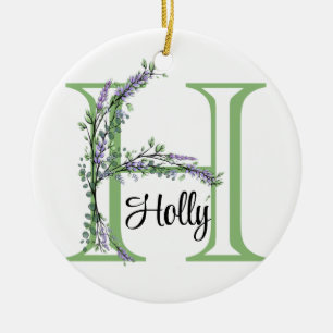 Alphabet letter H, watercolor Lavender botanical Ceramic Tree Decoration