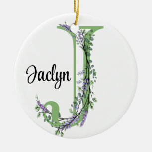 Alphabet letter J, watercolor Lavender botanical Ceramic Tree Decoration