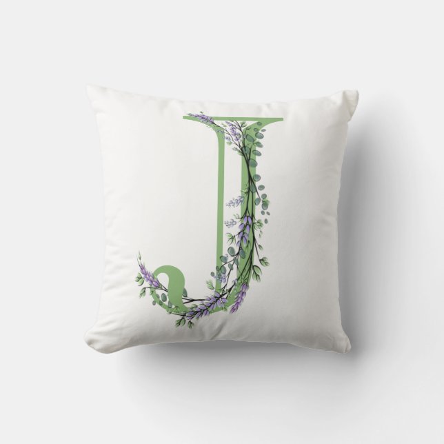 Alphabet letter J watercolor Lavender Eucalyptus Cushion (Front)