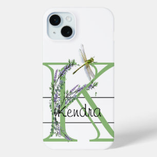 Alphabet letter K, watercolor Lavender Dragonfly iPhone 15 Mini Case
