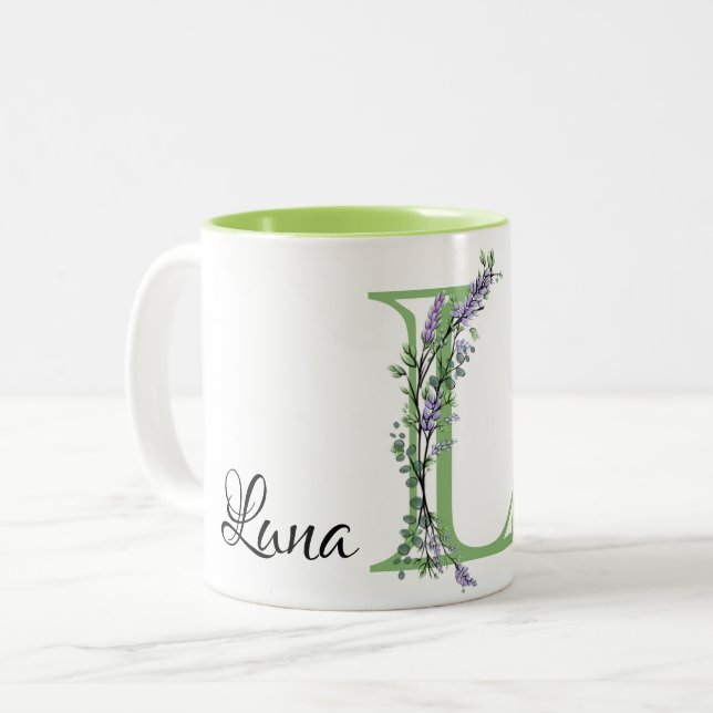 Alphabet letter L, watercolor Lavender botanical Two-Tone Coffee Mug (Front Left)