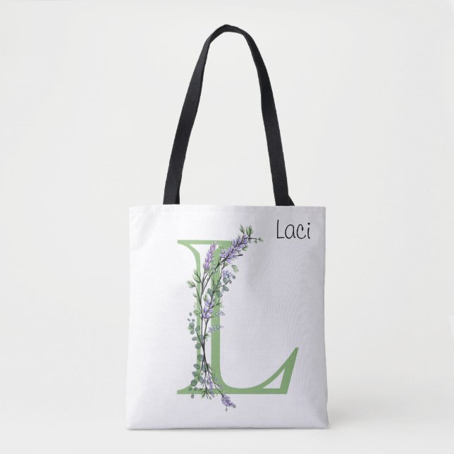 Alphabet letter L watercolor Lavender Eucalyptus Tote Bag (Front)