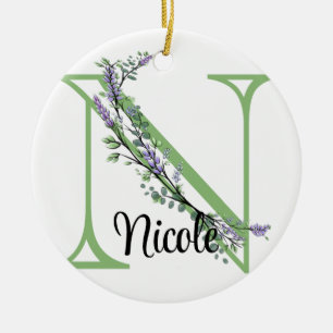 Alphabet letter N, watercolor Lavender botanical Ceramic Tree Decoration