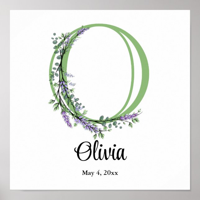 Alphabet letter O watercolor Lavender Eucalyptus  Poster (Front)