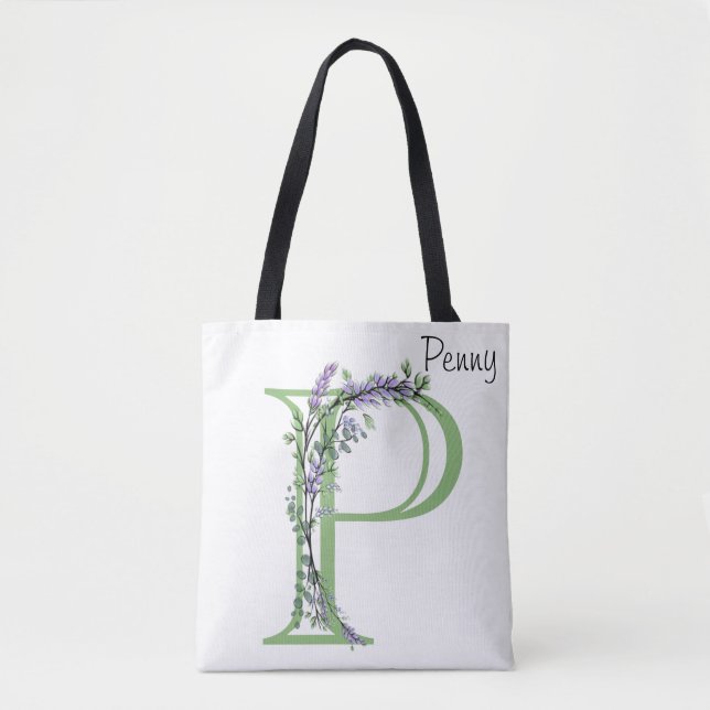 Alphabet letter P Lavender Eucalyptus monogram Tote Bag (Front)