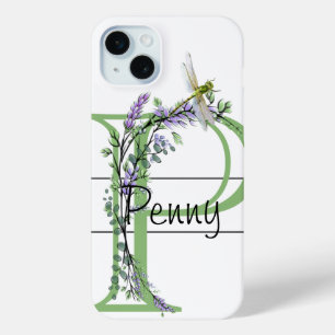 Alphabet letter P, watercolor Lavender Dragonfly iPhone 15 Mini Case
