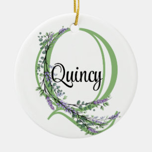 Alphabet letter Q, watercolor Lavender botanical Ceramic Tree Decoration