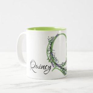 Alphabet letter Q, watercolor Lavender botanical Two-Tone Coffee Mug