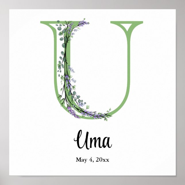 Alphabet letter U watercolor Lavender Eucalyptus  Poster (Front)