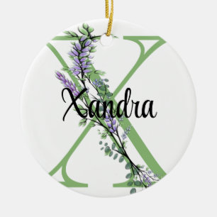 Alphabet letter X, watercolor Lavender botanical Ceramic Tree Decoration