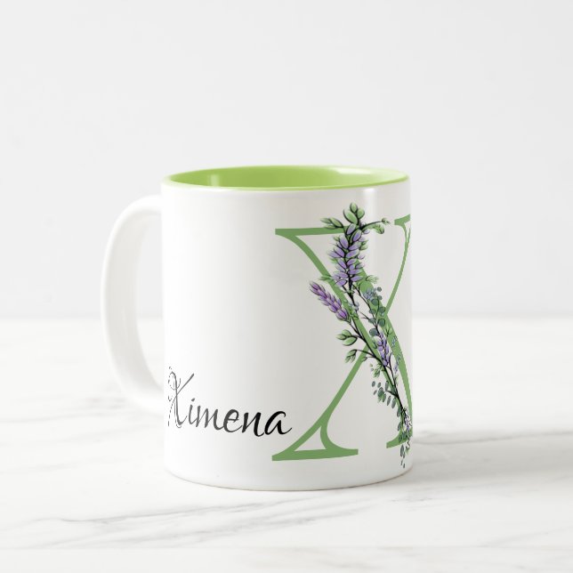 Alphabet letter X, watercolor Lavender botanical Two-Tone Coffee Mug (Front Left)